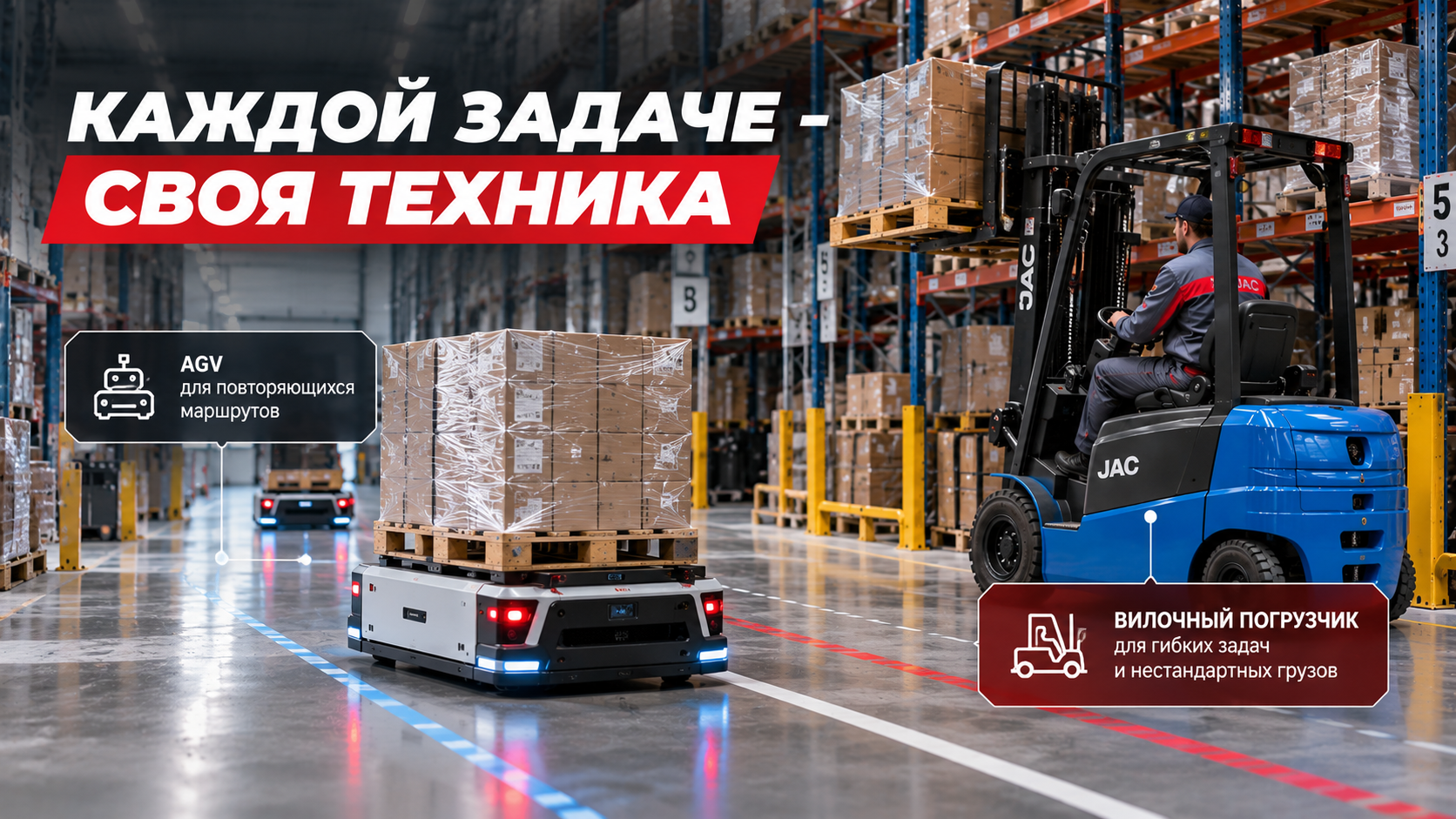 Совместная работа автономного складского робота и вилочного погрузчика JAC